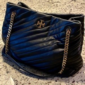 Tory Burch Kira Chevron black and gold tote
